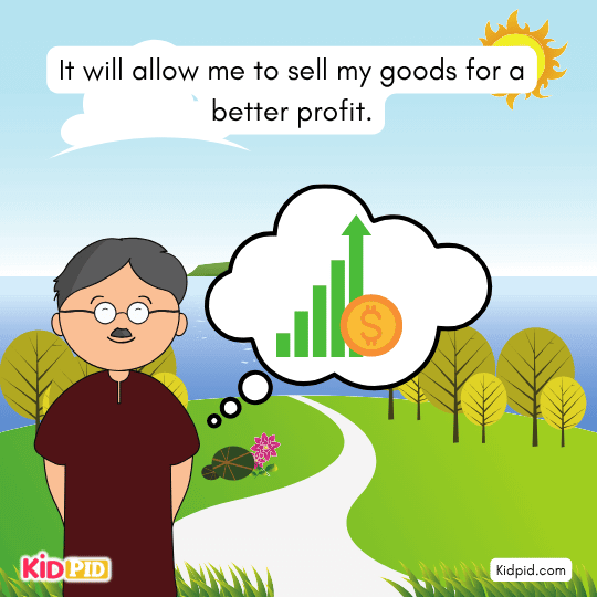 Trader imagining better profits through patience — children’s story about intelligence and success. 