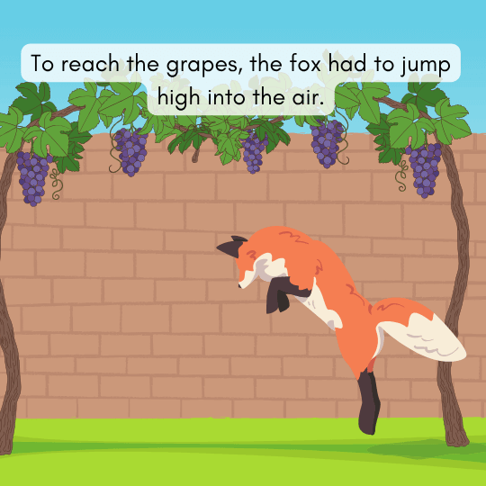 Fox jumping high to reach the grapes, showing effort and determination in a children’s tale.