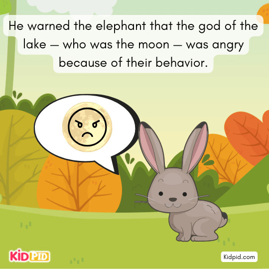Hare warning the elephant that the moon god of the lake is angry, in a children’s fable about wisdom and consequences.