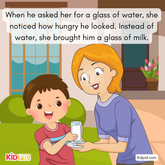 Girl sees the hungry boy and brings him a generous glass of milk instead of water.