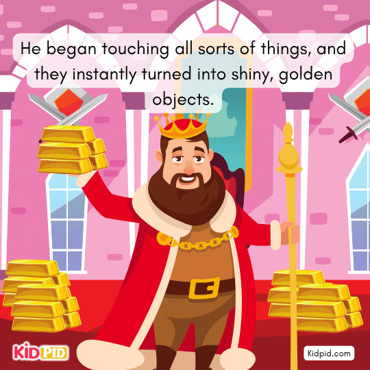 Midas turns objects into shiny gold, amazed by his magical touch in this children’s story.