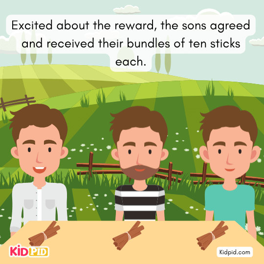 The sons break all their sticks easily but begin arguing again afterward.