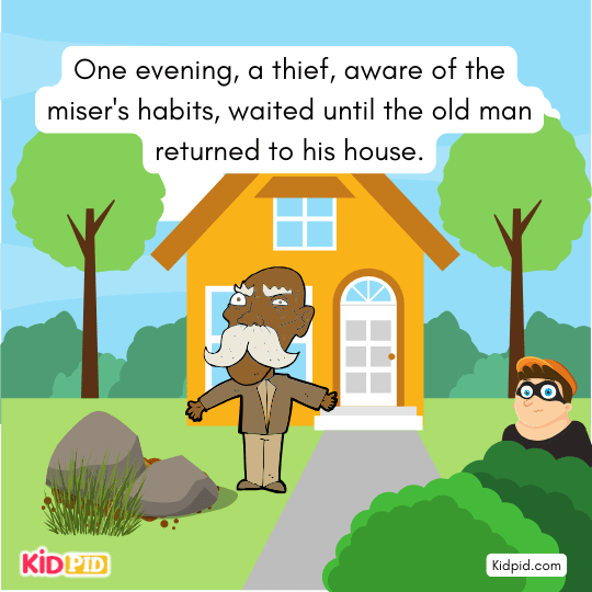 Thief watching miser’s routine, waiting to steal his gold coins, kids moral story about greed.