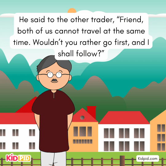 Wise trader suggesting friend to travel first — illustration of clever decision-making in moral folktale. 
