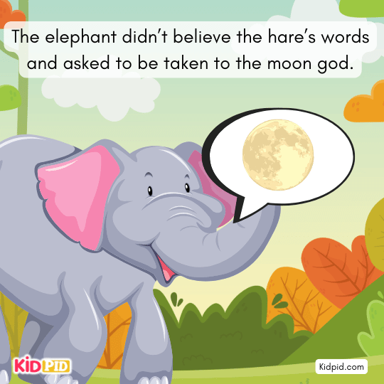 Elephant asking the hare to take him to the moon god, showing curiosity and doubt in a kids’ moral tale.