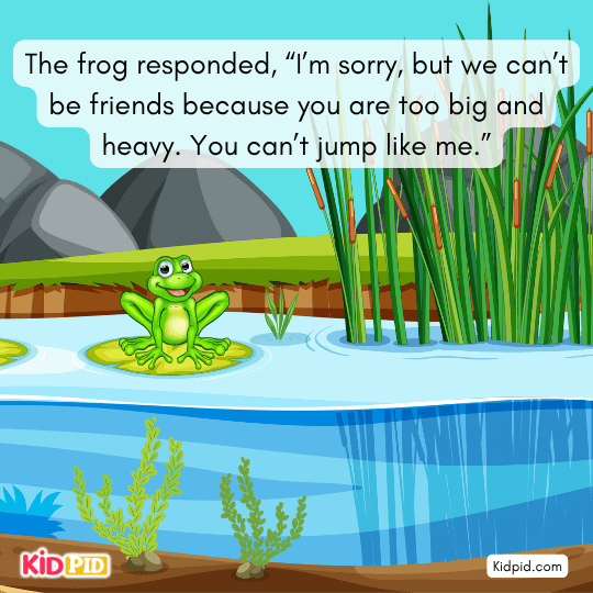 Frog refuses the elephant, saying she is too big and cannot jump like him.