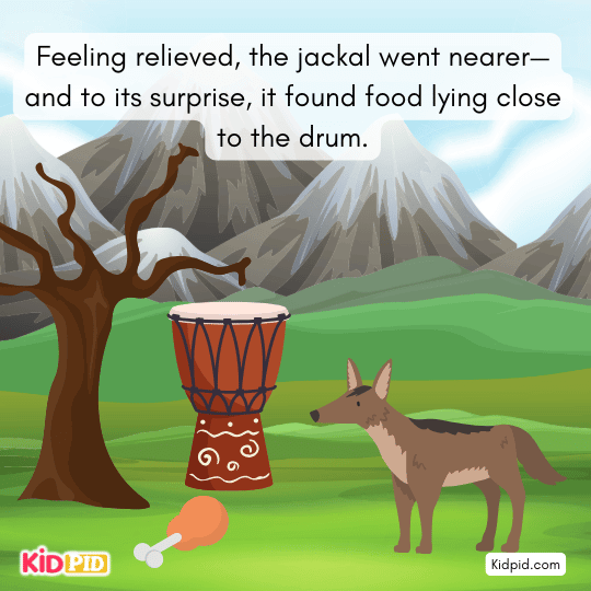 Relieved jackal moves closer to the drum and notices food lying nearby in this children’s fable.