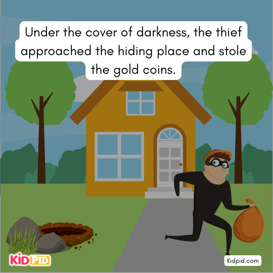 Robber stealing miser’s hidden gold at night, lesson on the futility of hoarding wealth.