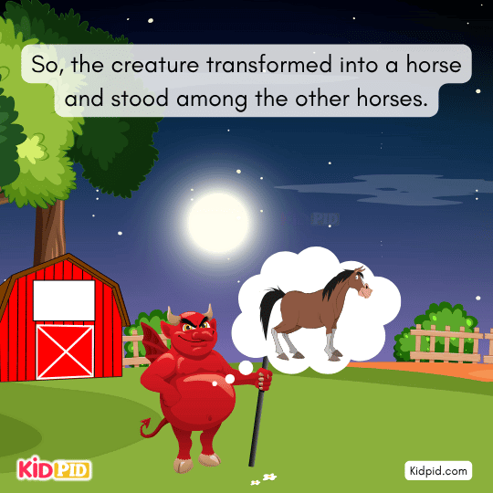 Thief sneaks into the stable at night and notices the disguised creature.