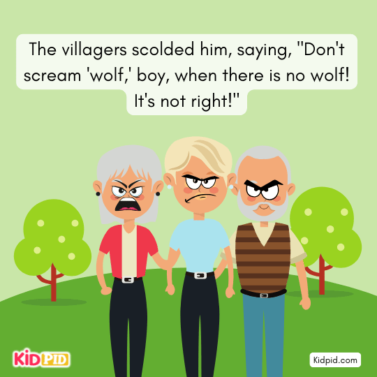 Villagers scolding boy for false alarm – honesty story.