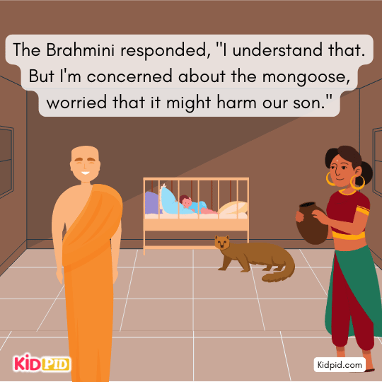 Brahmin leaves home to beg for alms, leaving the baby alone indoors.