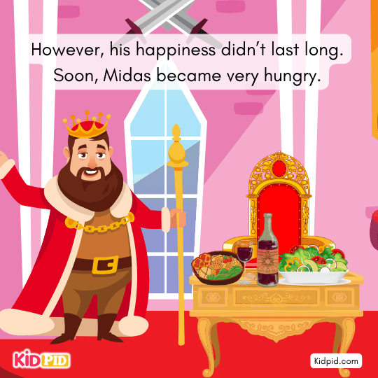 Midas becomes hungry but food turns to gold when touched, showing the curse of his wish.