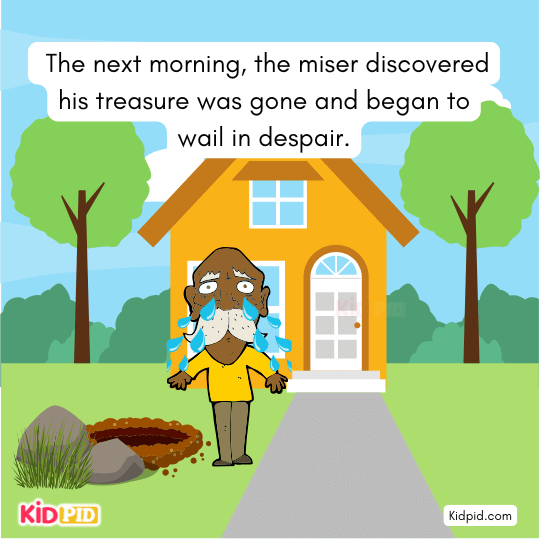 Miser discovers his gold is missing and cries in despair, moral story for children. - Inspirational stories for kids