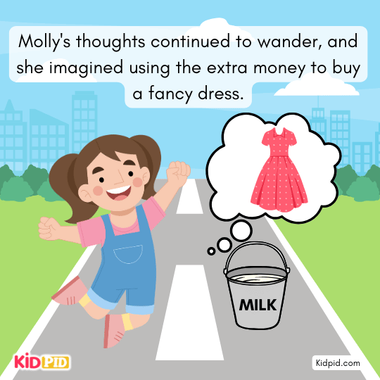 Molly becomes joyful and starts skipping, forgetting the milk she is carrying.