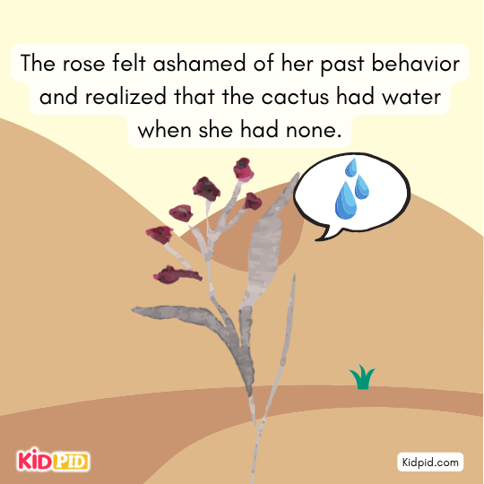 Rose realizes the cactus has water while she has none, feeling ashamed of her unkind behavior.