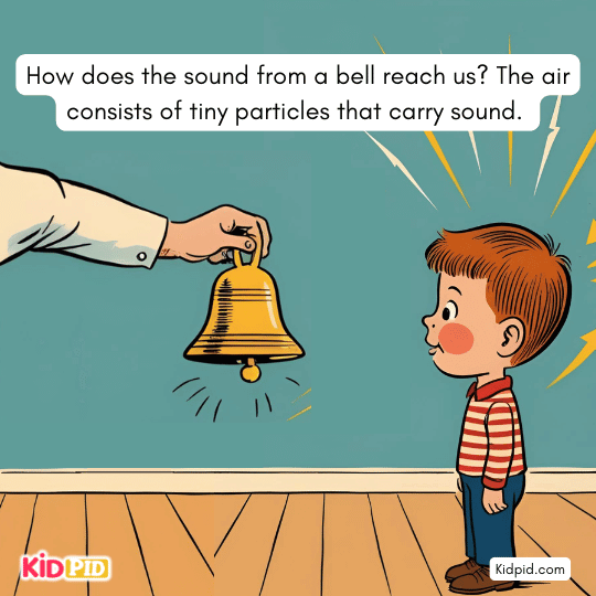Sound from a ringing bell traveling through air – sound wave movement illustrated for children.