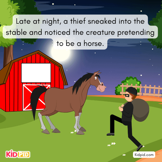Thief admires the creature-shaped horse, planning to sell it for money.