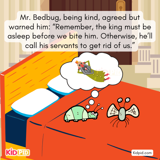 The tired king returns from court and lies down on his comfortable bed.