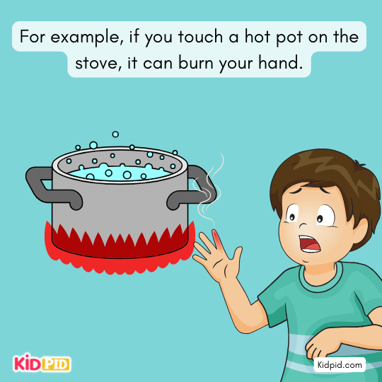Child touching a hot pot on a stove to learn about heat transfer and safety – science experiment image for children 