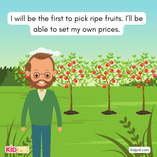 Trader dreaming of fresh fruits and higher prices — moral story about overconfidence and greed for children. 