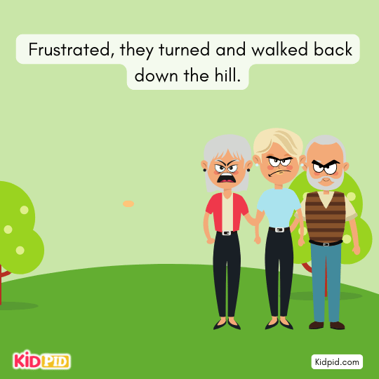 Villagers leaving hill upset – moral story image.