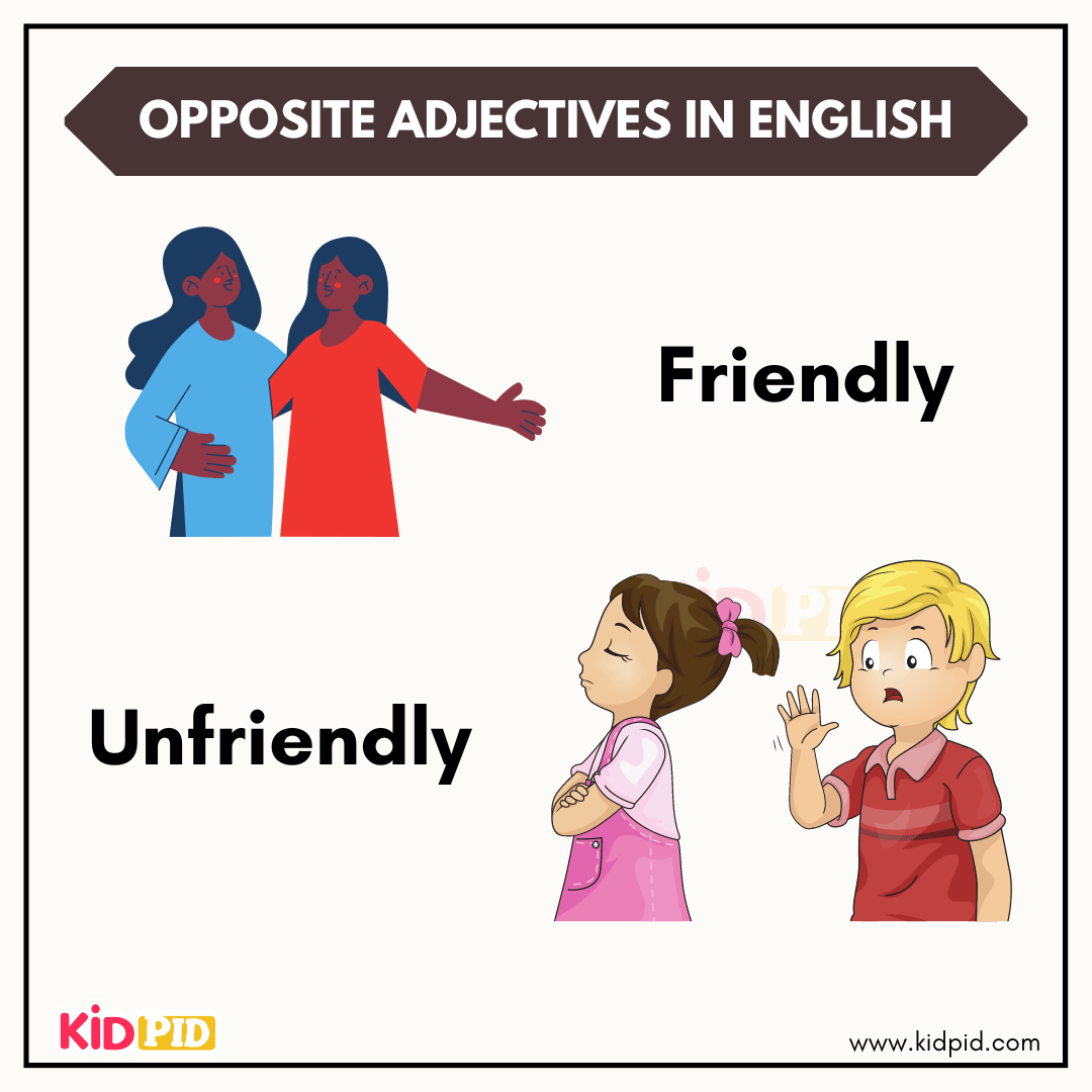 Friendly and unfriendly opposite adjectives with people illustrations