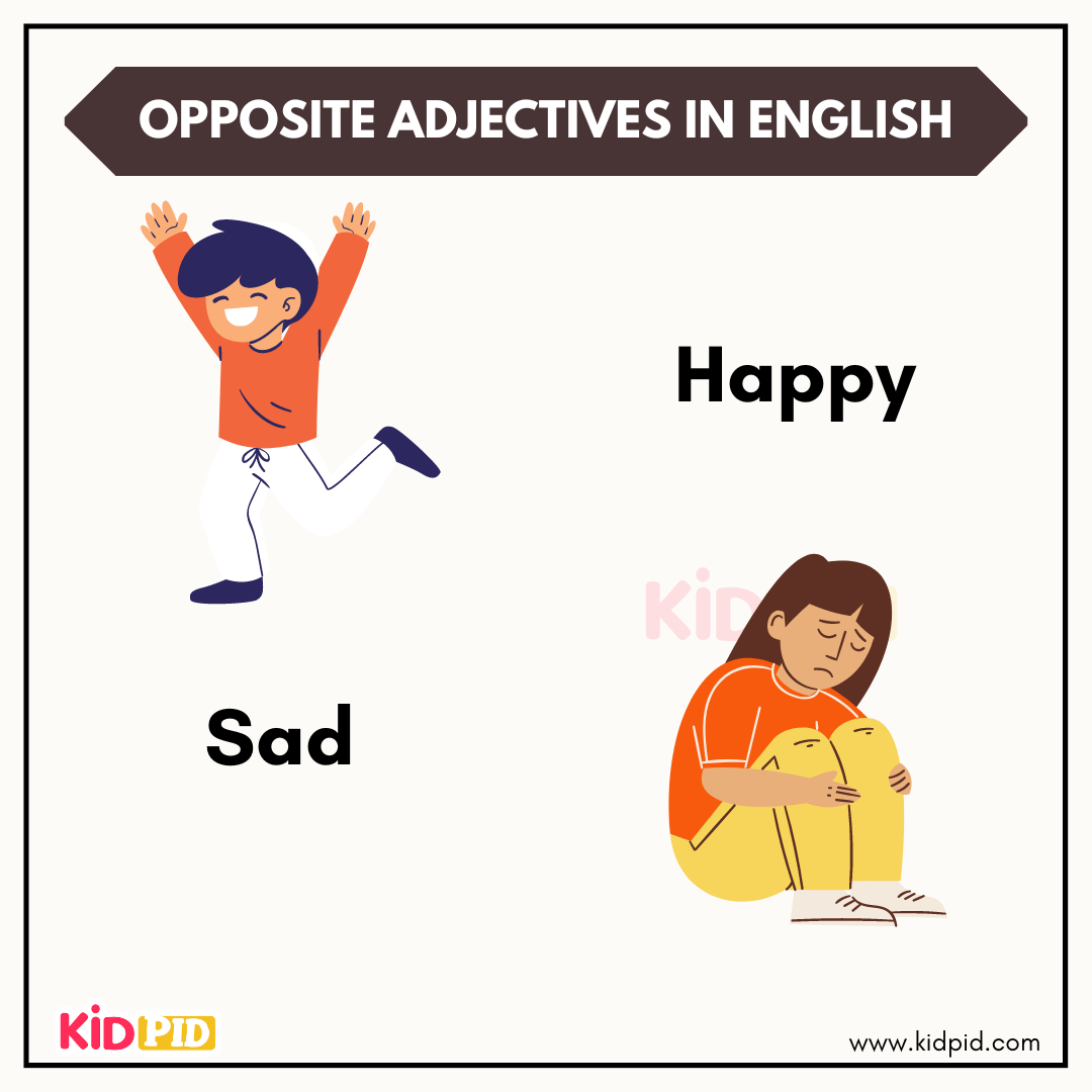 Opposite adjectives happy and sad with emotional expressions