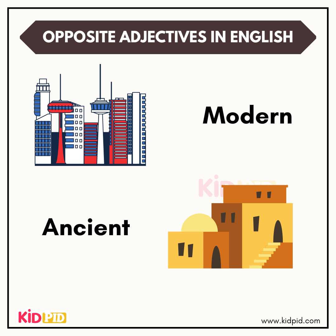 Modern and ancient opposite adjectives with building illustrations