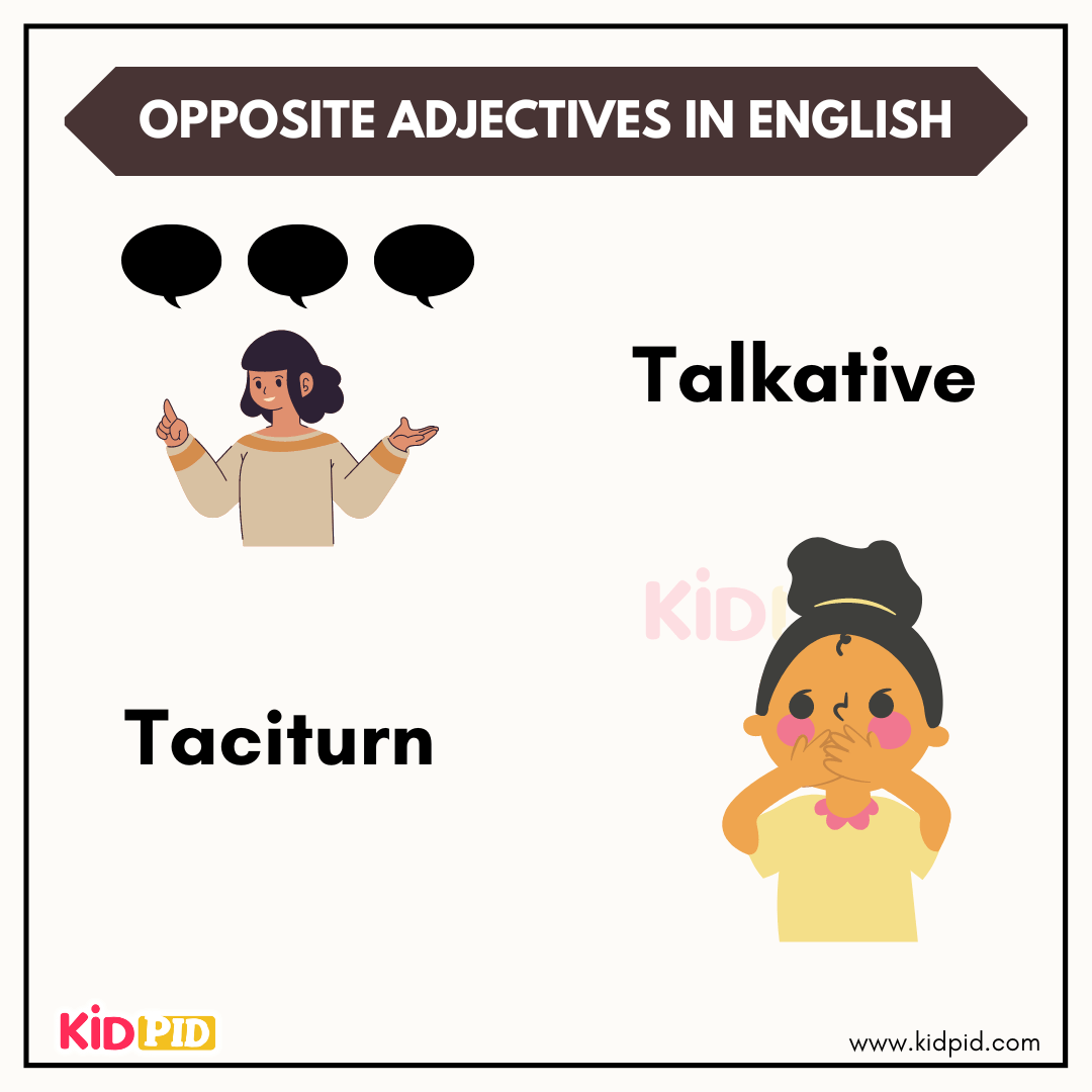 Talkative and taciturn opposite adjectives illustrated for learning