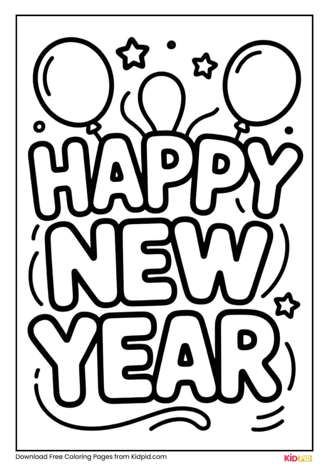 Happy New Year text with balloons black and white coloring page for kids