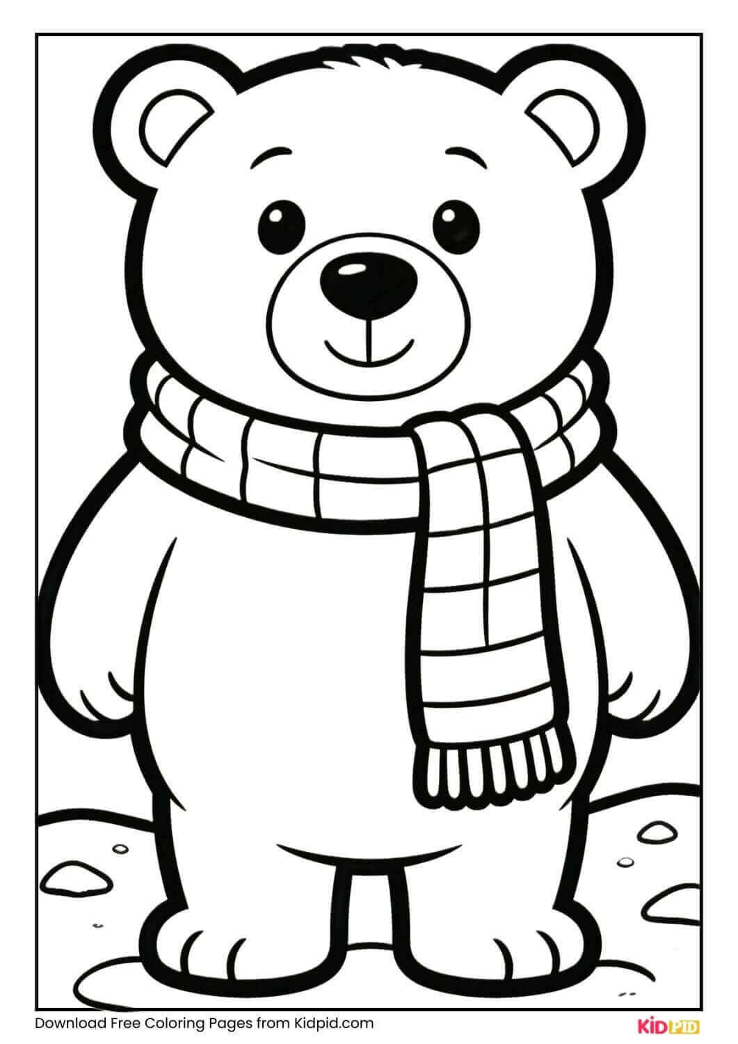 Black and white polar bear wearing a scarf winter coloring page for kids