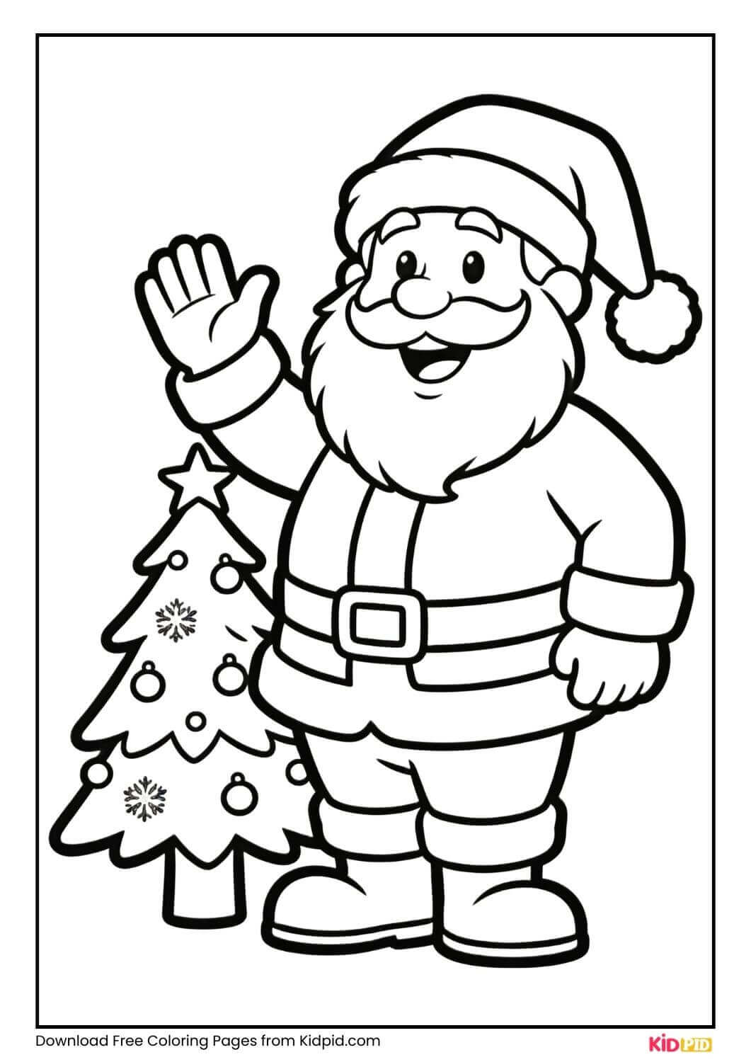 Santa Claus waving beside a decorated Christmas tree