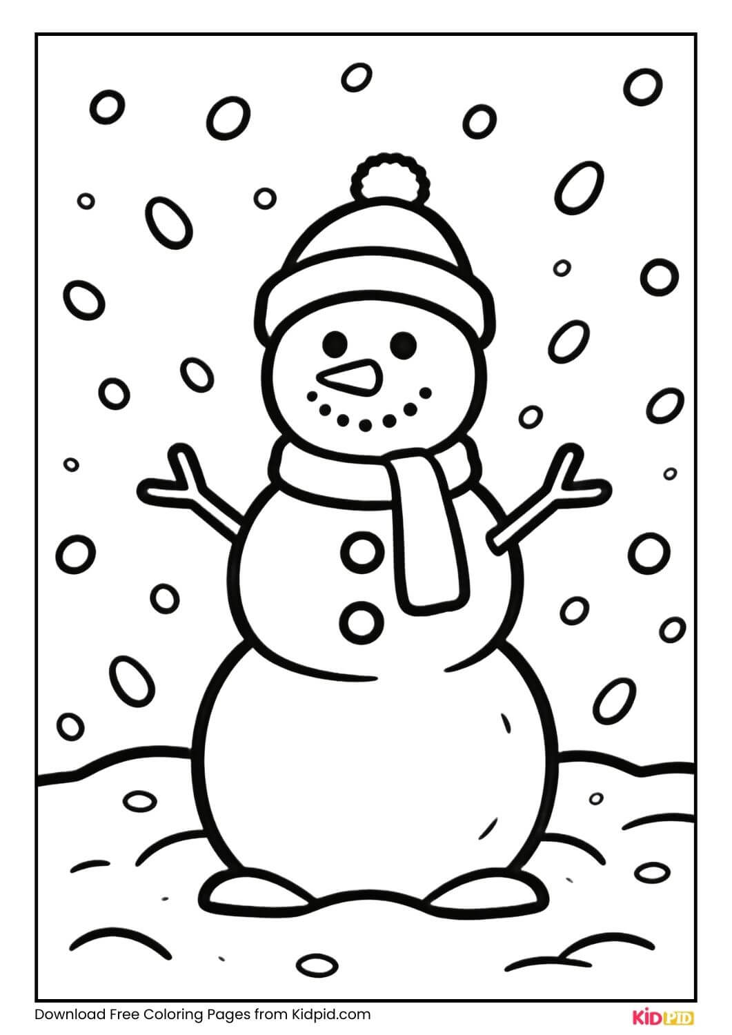 Simple snowman in falling snow black and white coloring page