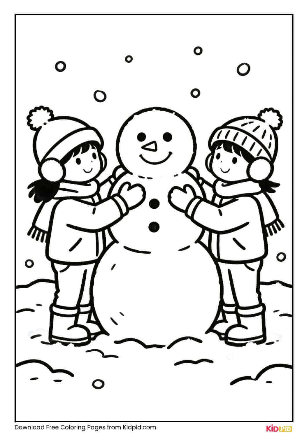 Kids building a snowman winter activity coloring page