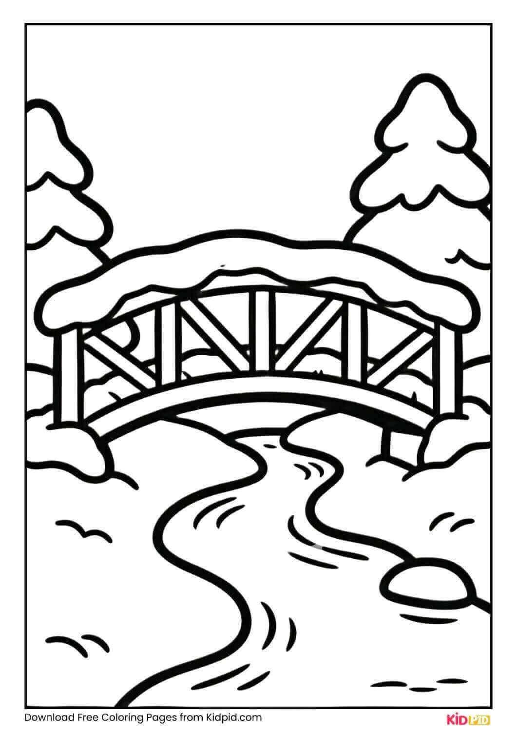 Snow-covered bridge winter scene coloring page