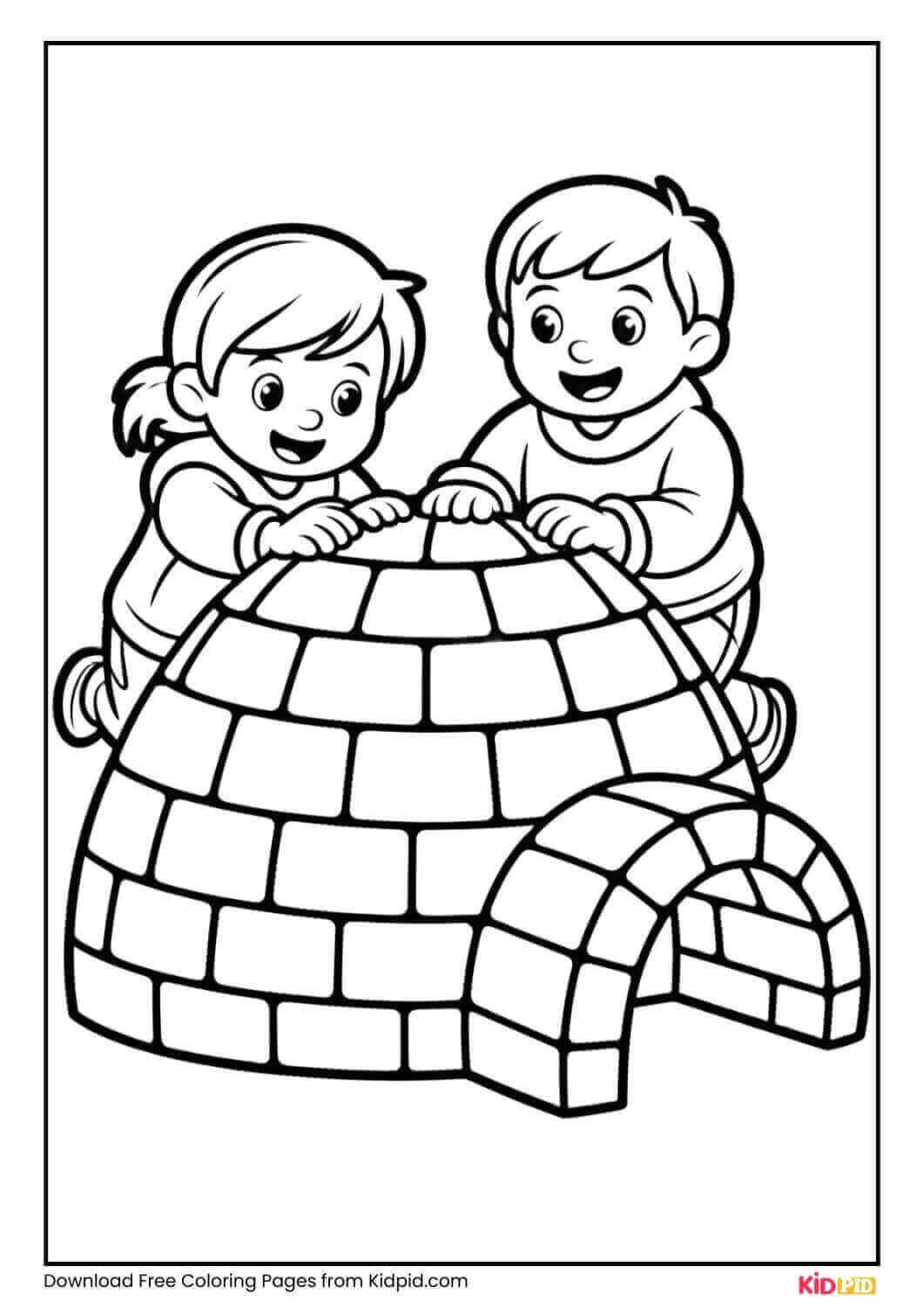 Kids building igloo winter coloring page