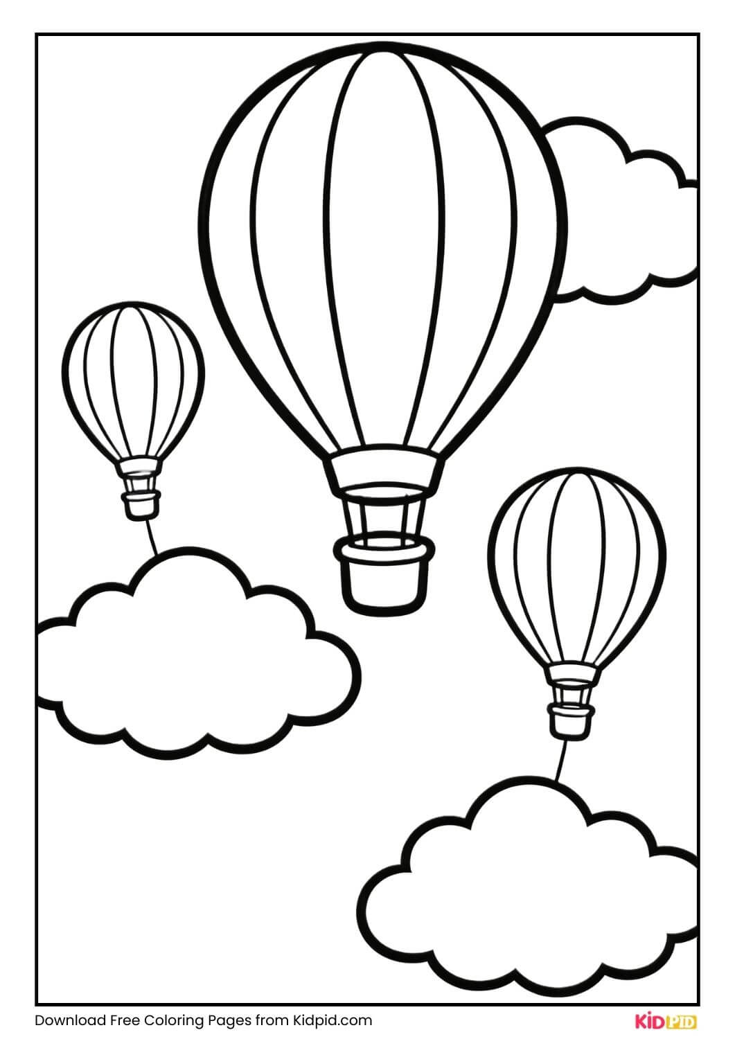 Balloons floating with clouds black and white coloring page