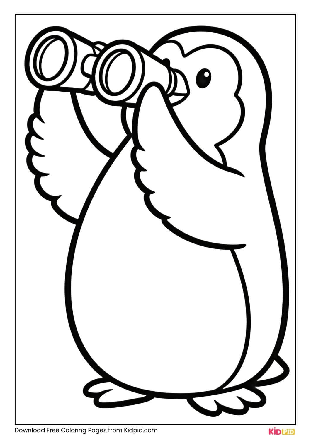 Penguin looking through binoculars, black and white coloring page
