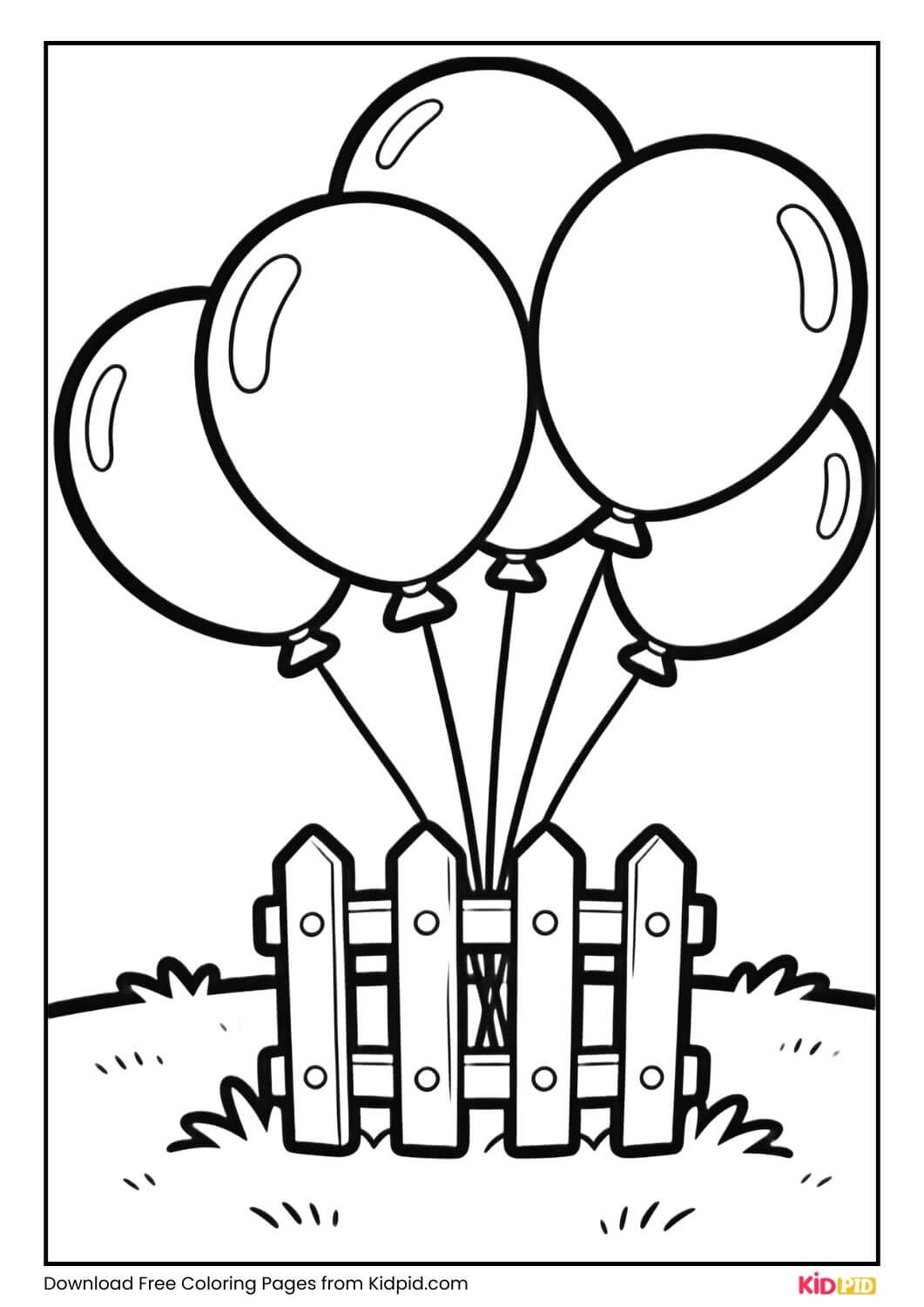 Balloons tied to fence black and white coloring page