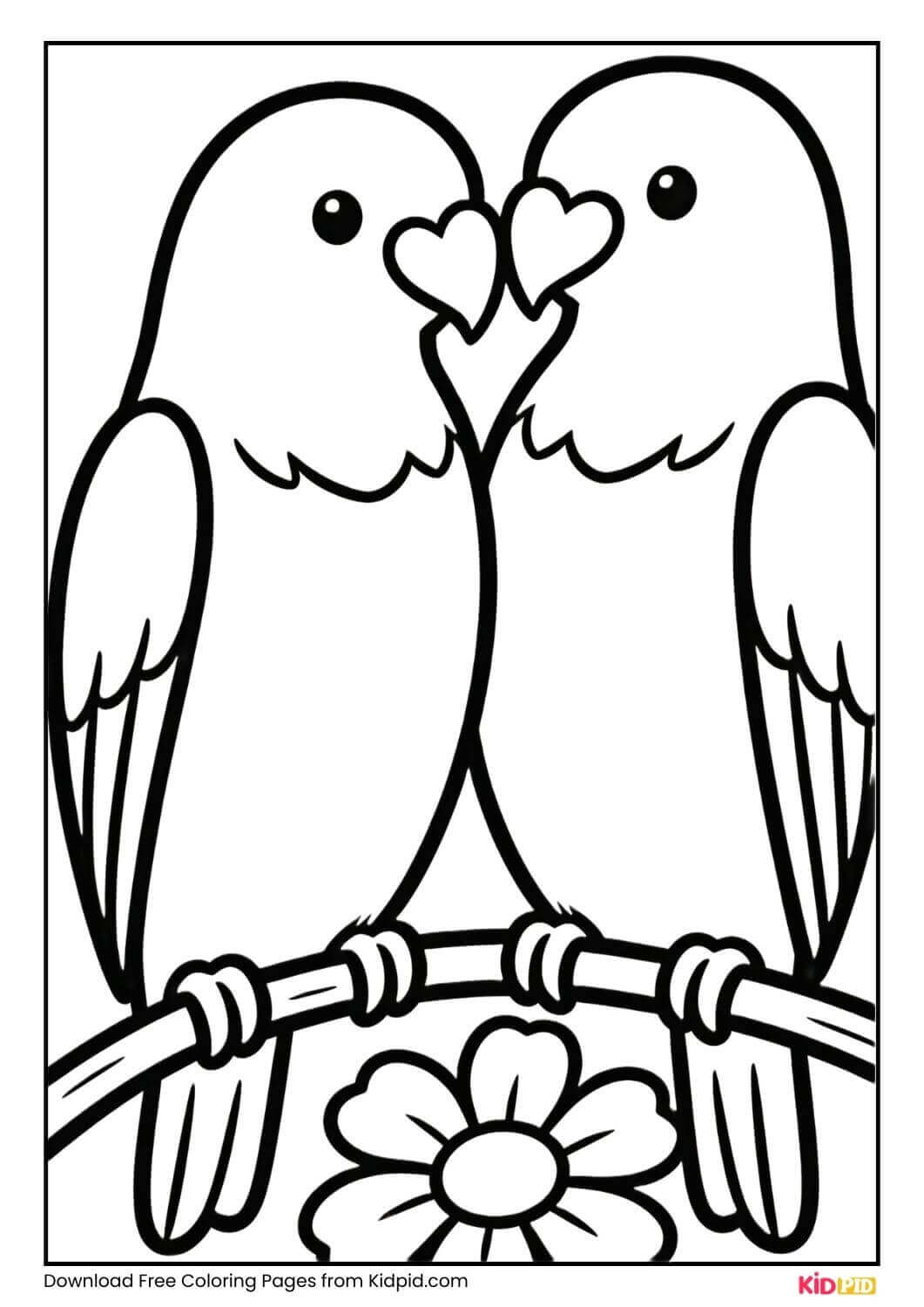 Love birds sitting on flower branch black and white coloring page for Grade 1