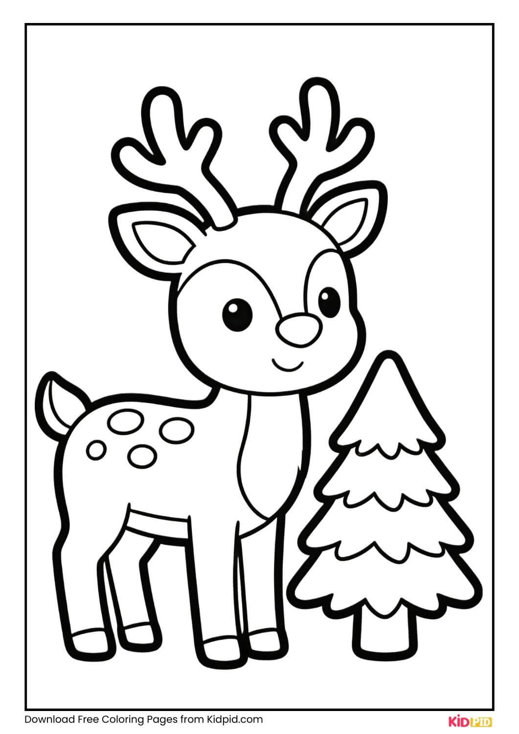 Reindeer near Christmas tree coloring page for Kindergarten