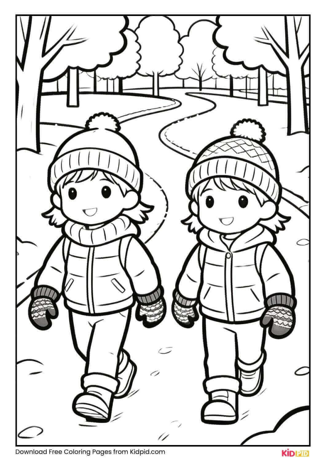 Kids walking in snowy park winter coloring page