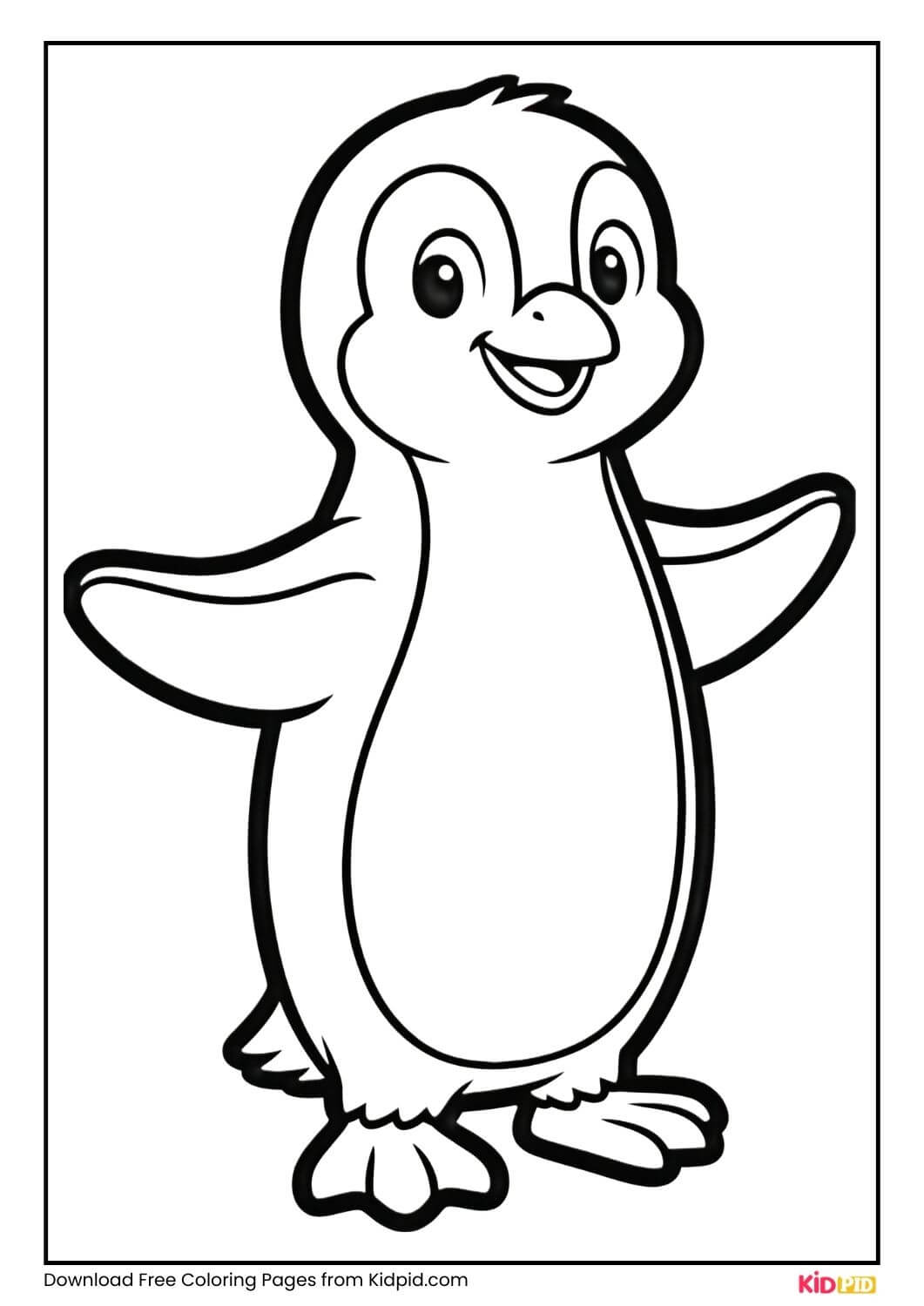 Penguin standing with arms open, black and white coloring page