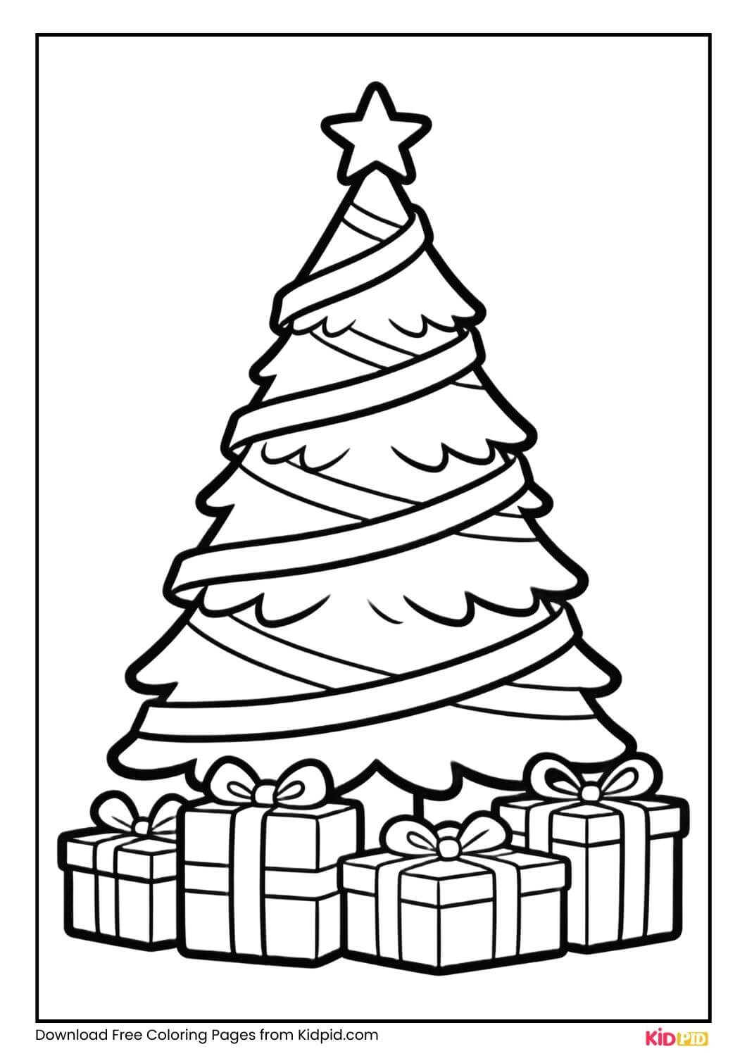 Christmas tree coloring page wrapped with ribbons for Kindergartners