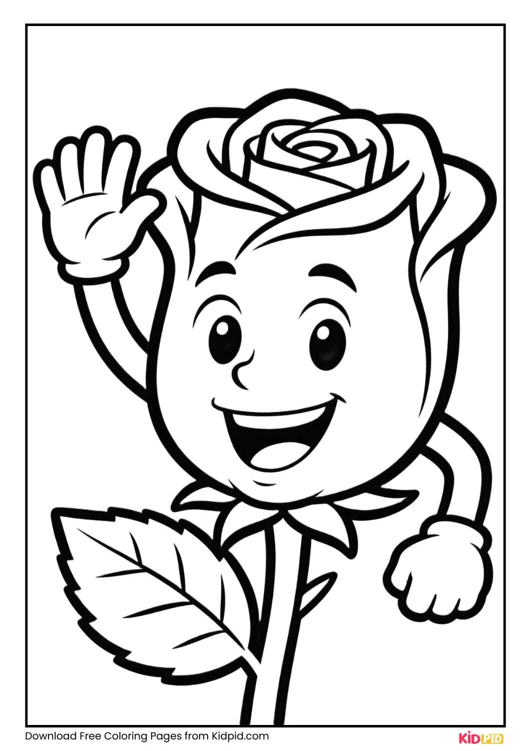 Waving cartoon rose black and white coloring page for Grade 2
