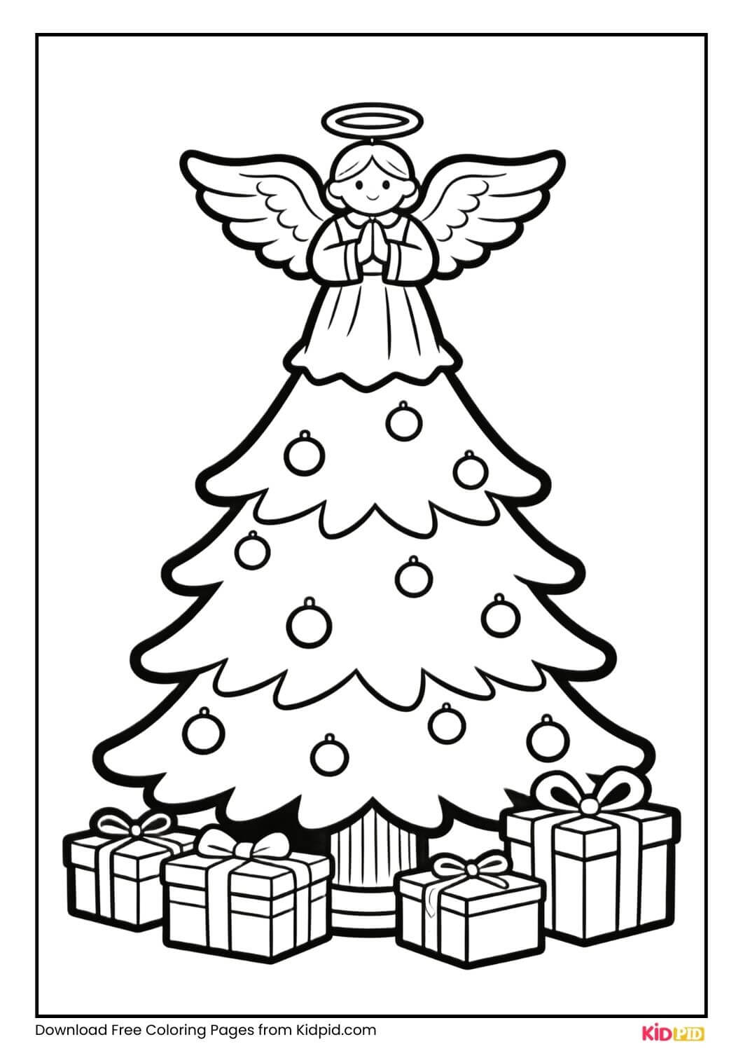 Christmas tree coloring page with angel topper