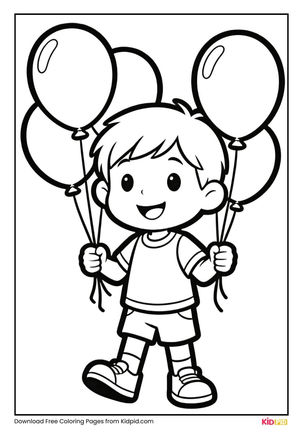 Child holding balloons black and white coloring page