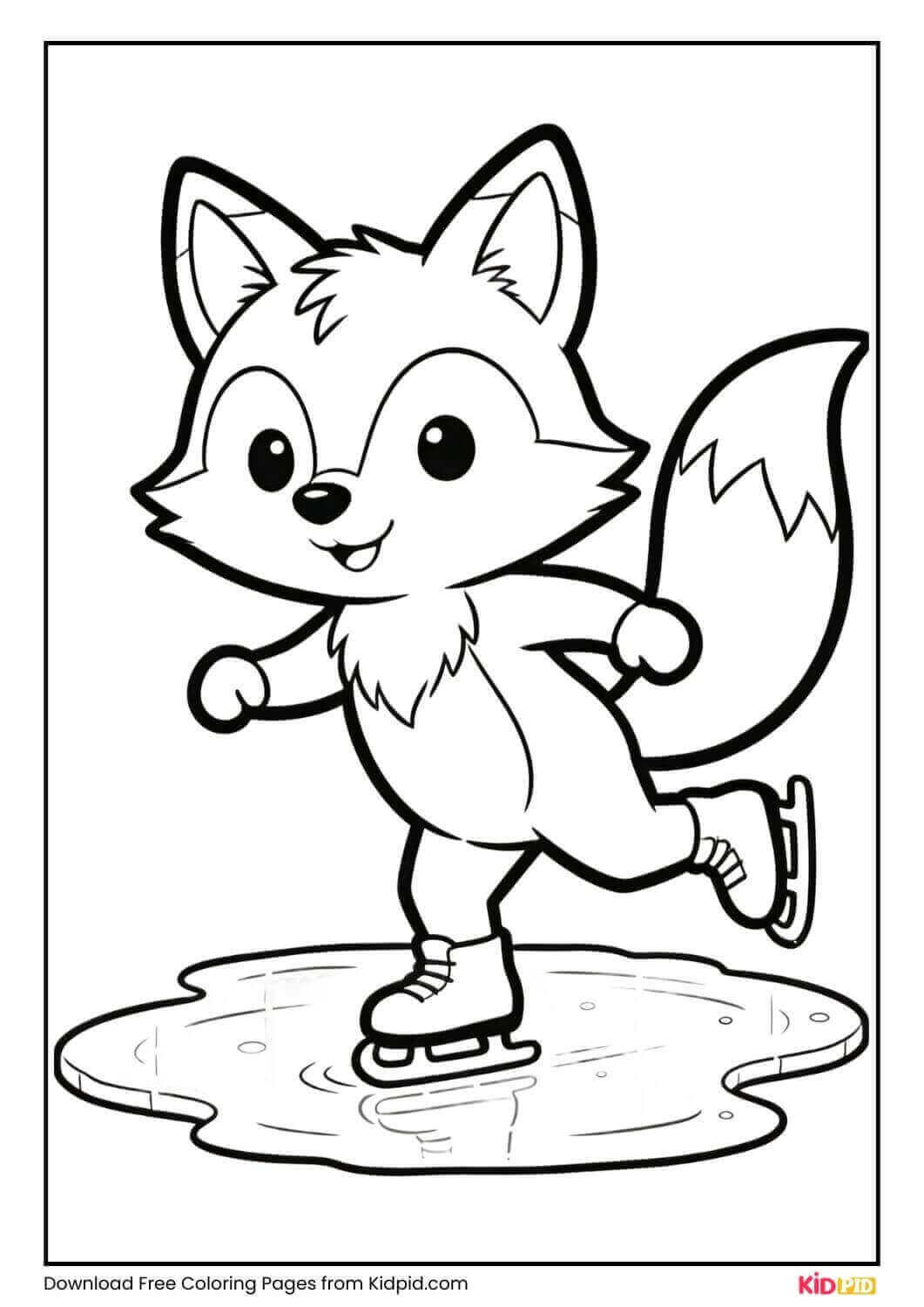 Cartoon fox ice skating on pond