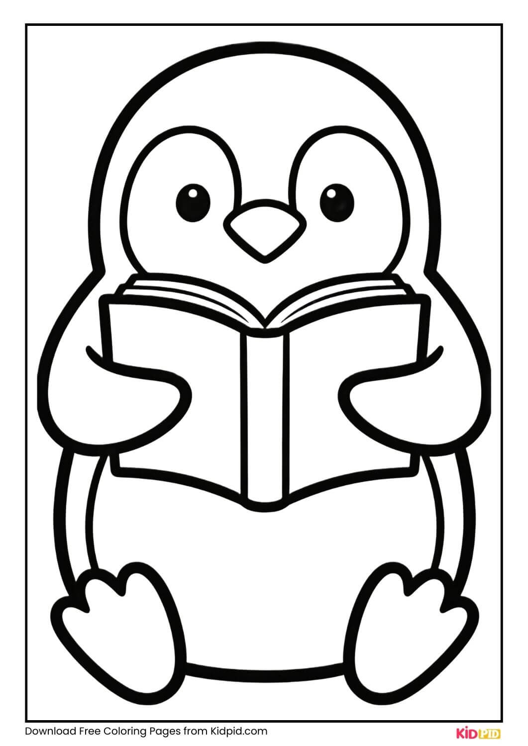 Penguin sitting and reading a book, black and white coloring page