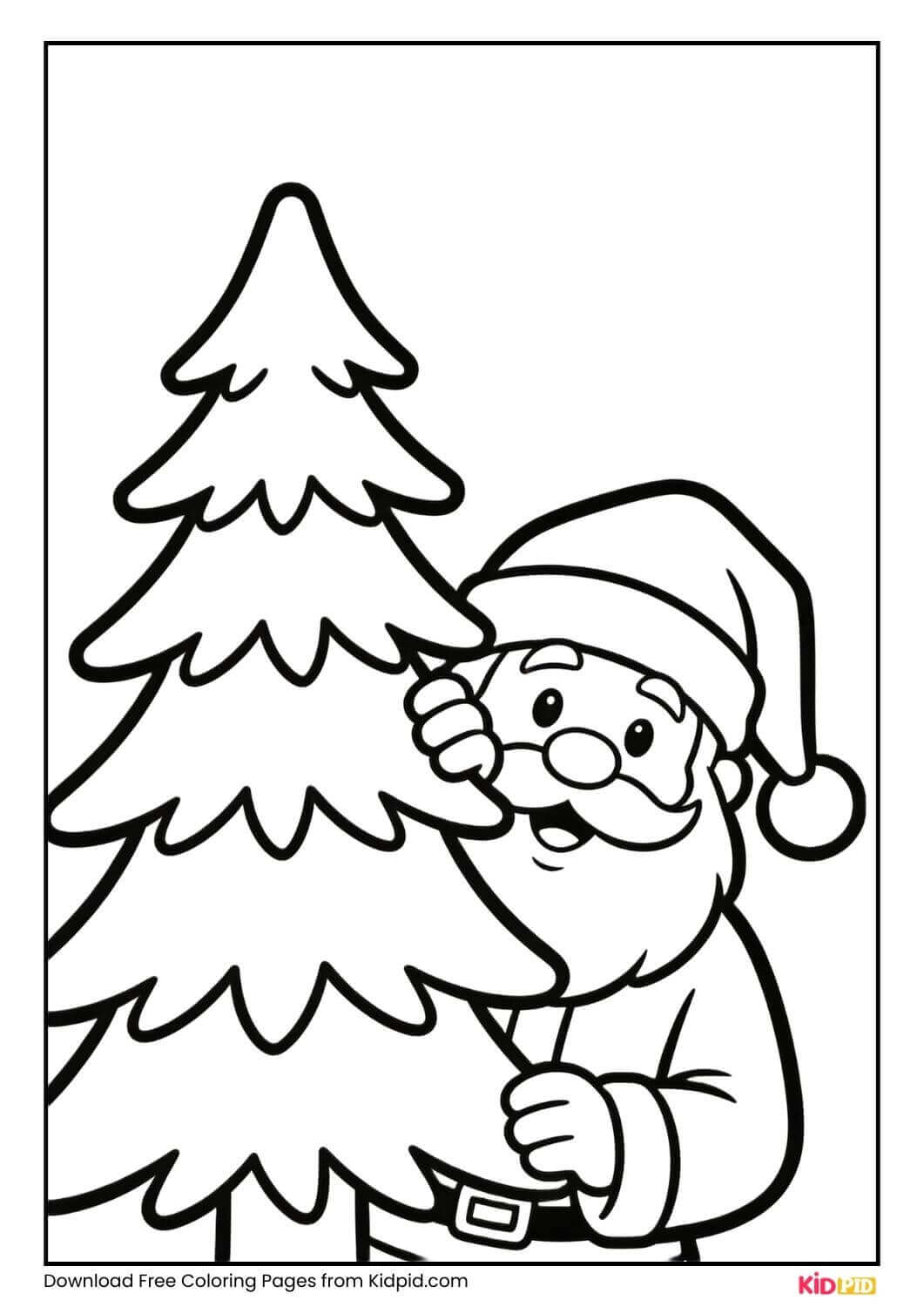 Santa Claus peeking from behind a Christmas tree for Kindergarten